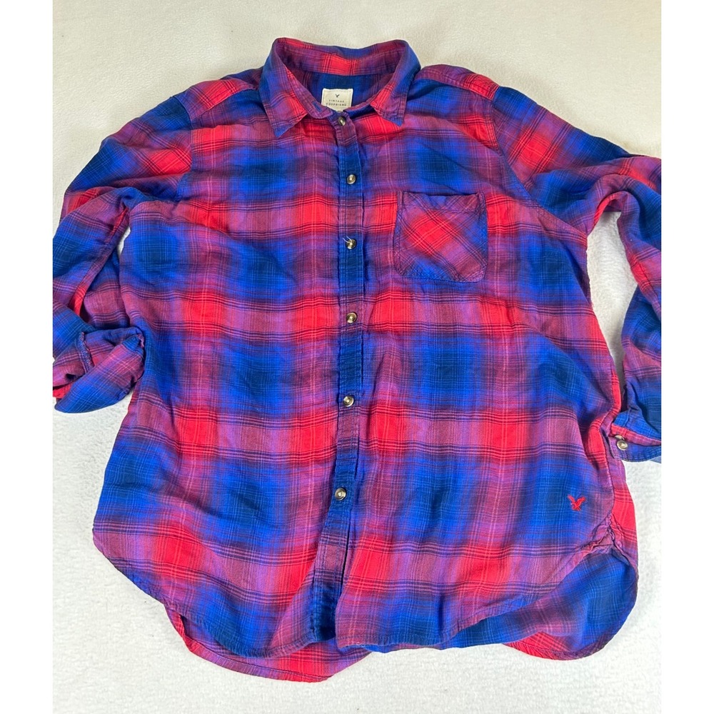 American Eagle Button Down Shirt Women XL Red Blue‎ Plaid Grunge